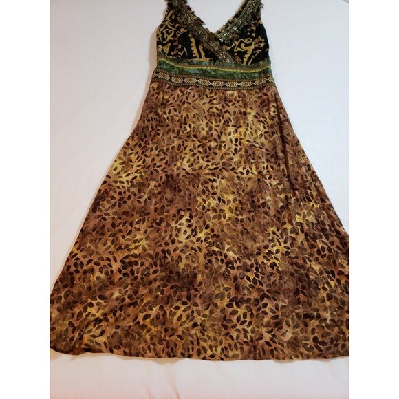 Faith tribal print midi dress boho fringe trim beaded embroidered smocked Size M - Picture 15 of 16